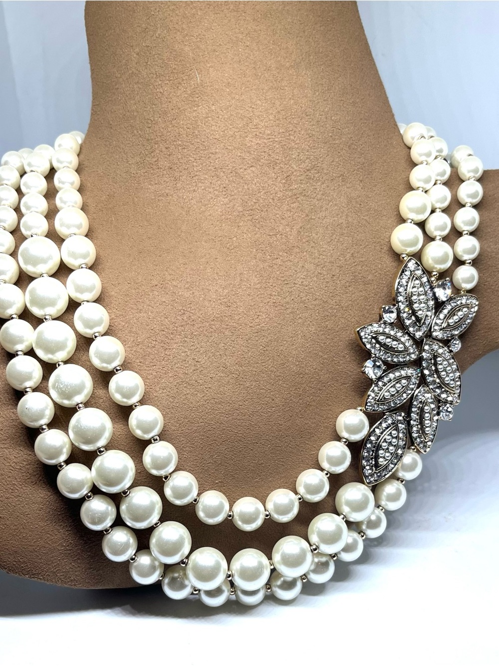 Anne Klein Cream Pearl Triple-Strand Necklace with Rhinestone Floral Accent